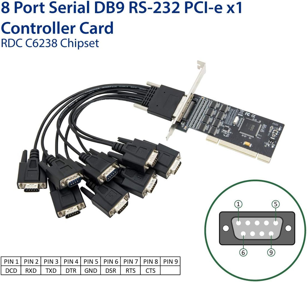 8 Port Serial DB9 RS-232 PCI Controller Card Pack of 2 W2728