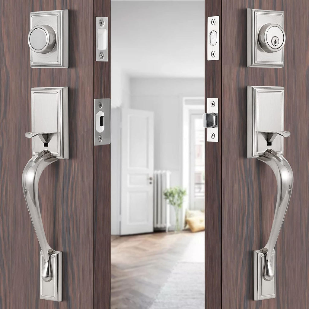 Satin Nickel Double Door Lock Set with Deadbolt and Lever Handle X660011