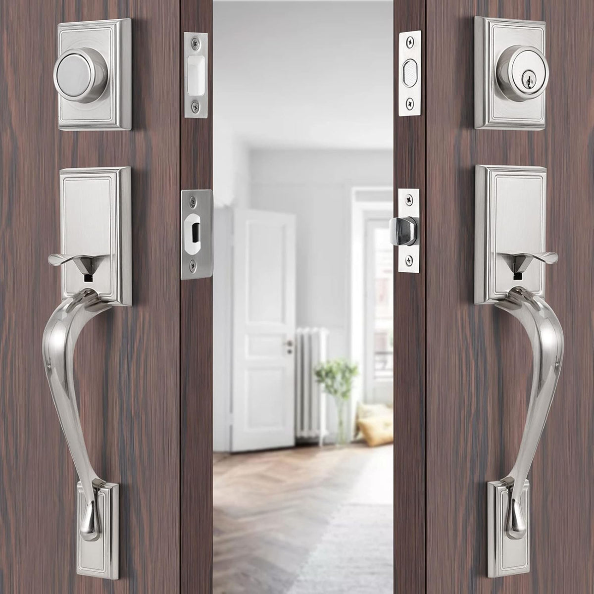 Satin Nickel Double Door Lock Set with Deadbolt and Lever Handle X660011