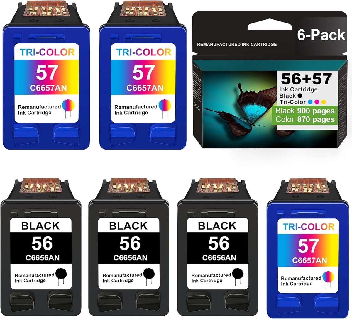 6 Pack Remanufactured Ink Cartridge Replacement (3 Black + 3 Tri-Color) U74824