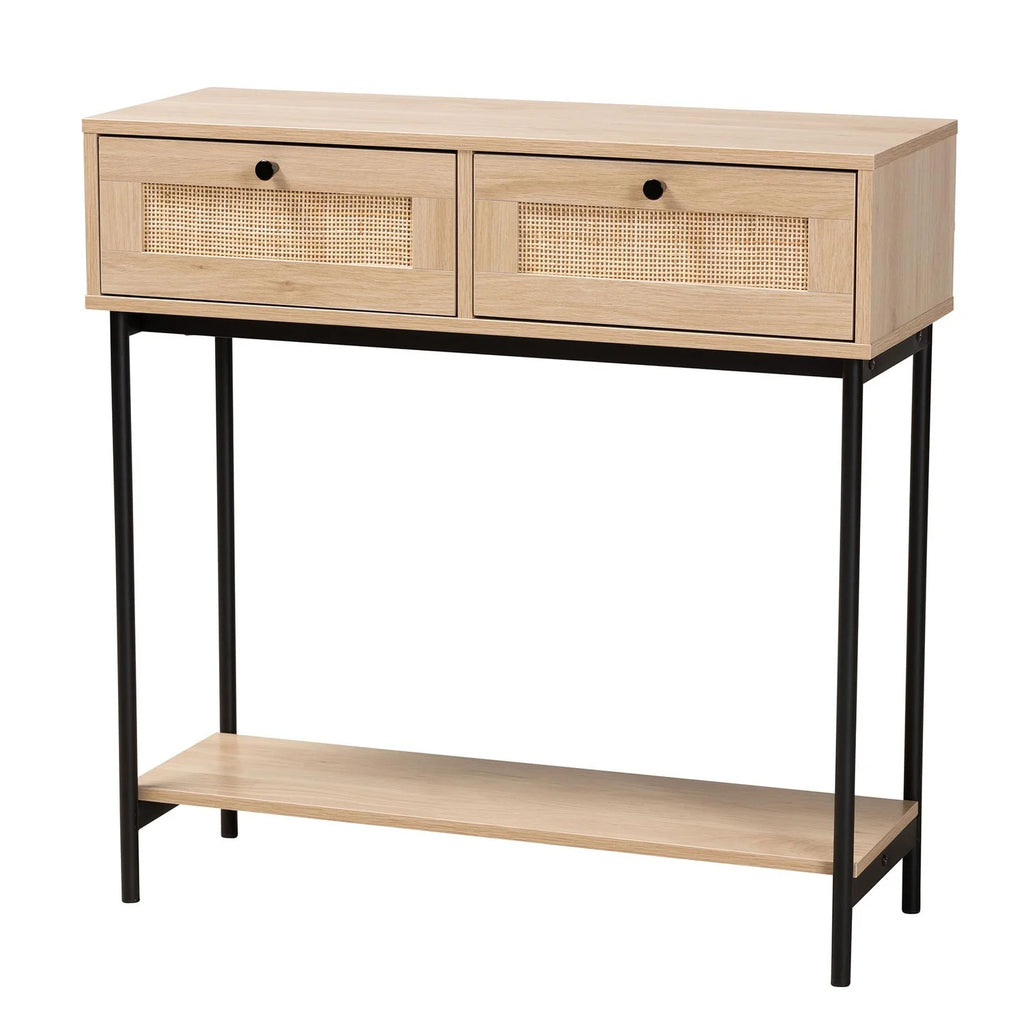 Brown and Black 2-Drawer Console Table with Rattan Accent I223158