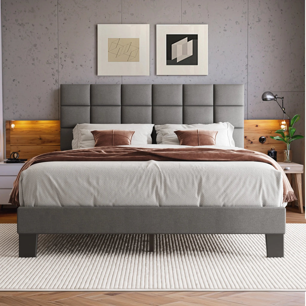 Queen Size Upholstered Bed Frame with Adjustable Headboard Q944