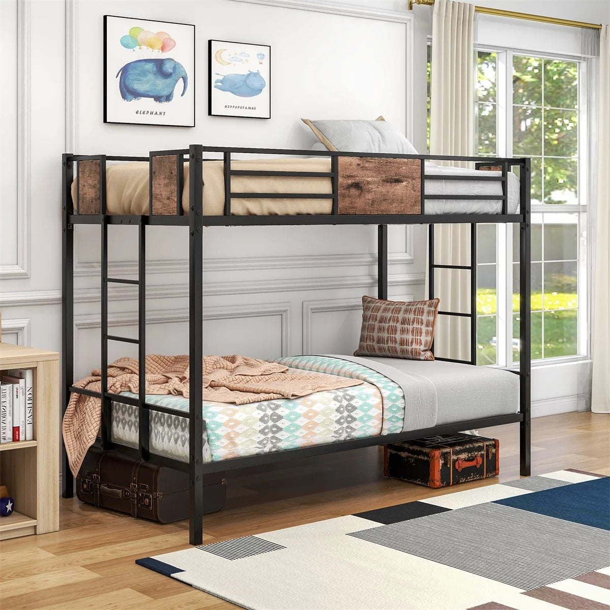 Black Metal Twin over Twin Bunk Bed with Stairs T41162