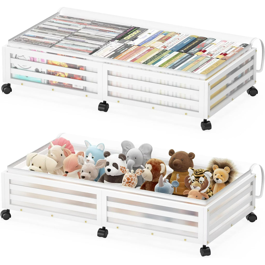 2 Pcs White Bamboo Wood Rolling Storage Bins With Wheels Y929449