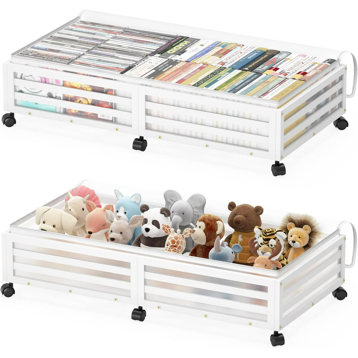 2 Pcs White Bamboo Wood Rolling Storage Bins With Wheels Y929449