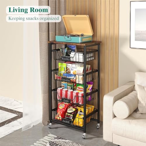 4-Tier Rolling Storage Cart with Pull-Out Baskets and Wood Top F852