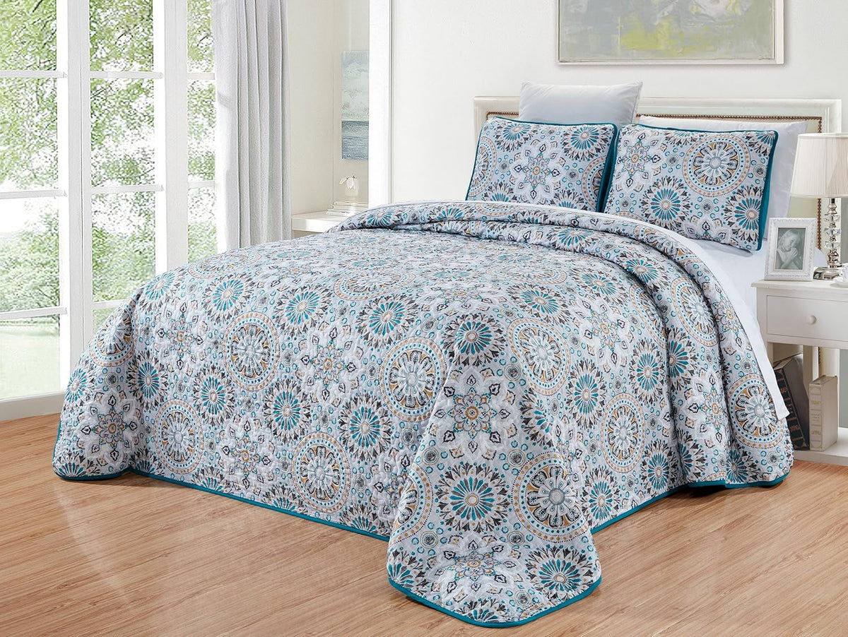 Oversize Reversible Quilt Set Cal King Size Bed Cover W1526