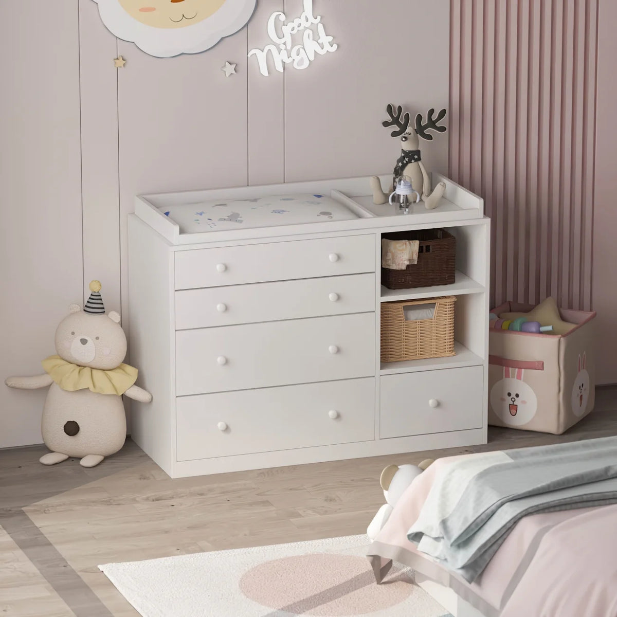 White 5 Drawer Baby Changing Table Dresser with Storage X728263