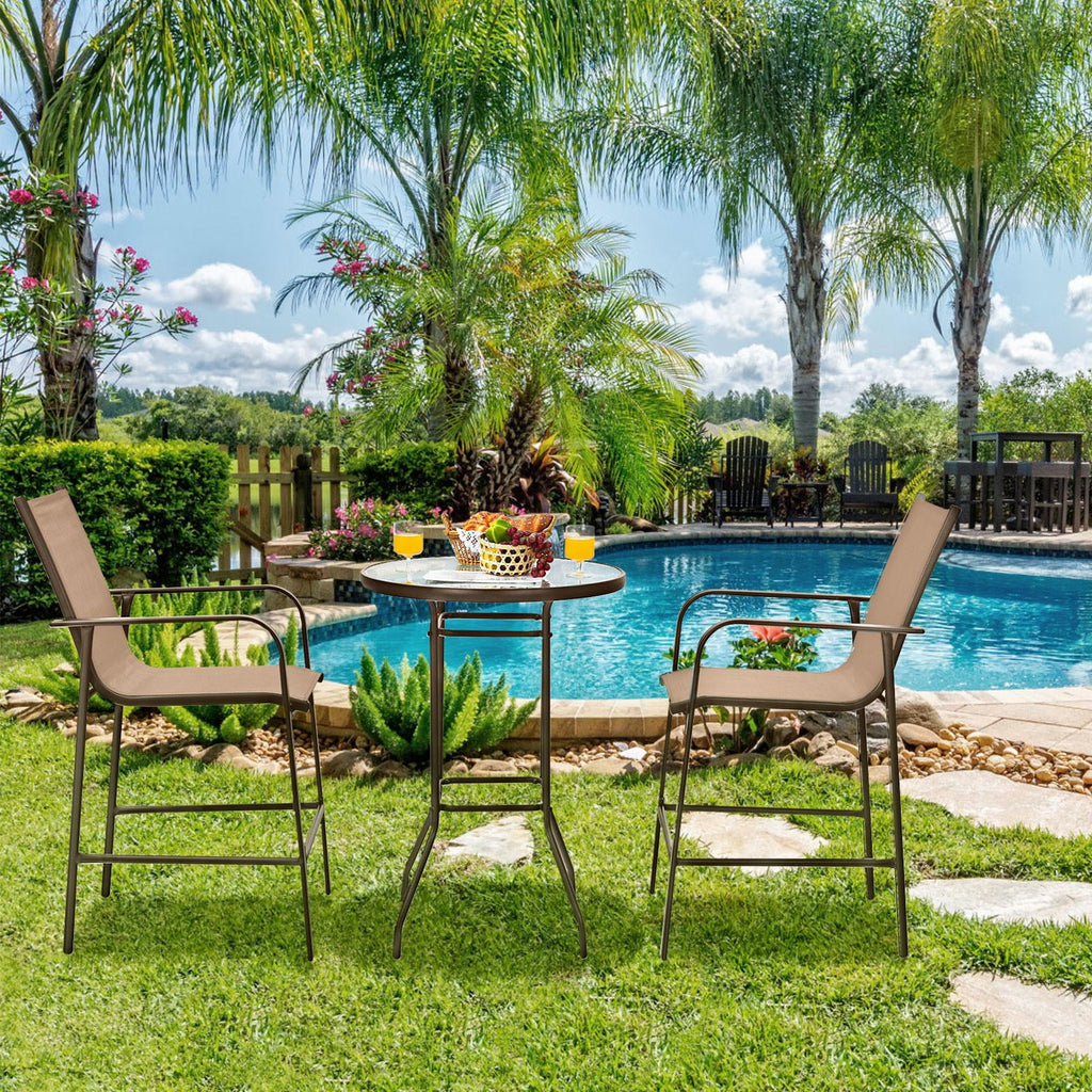 3 Pieces Outdoor Patio Bar Set with 2 Bar Stools and Tempered Glass Bar Table, Black E791