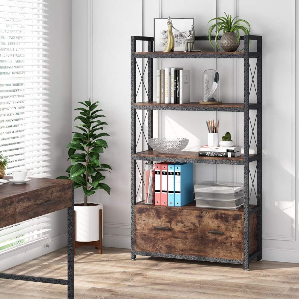 Freestanding Lateral Filing Cabinet with Drawer and Open Storage Shelves U8562