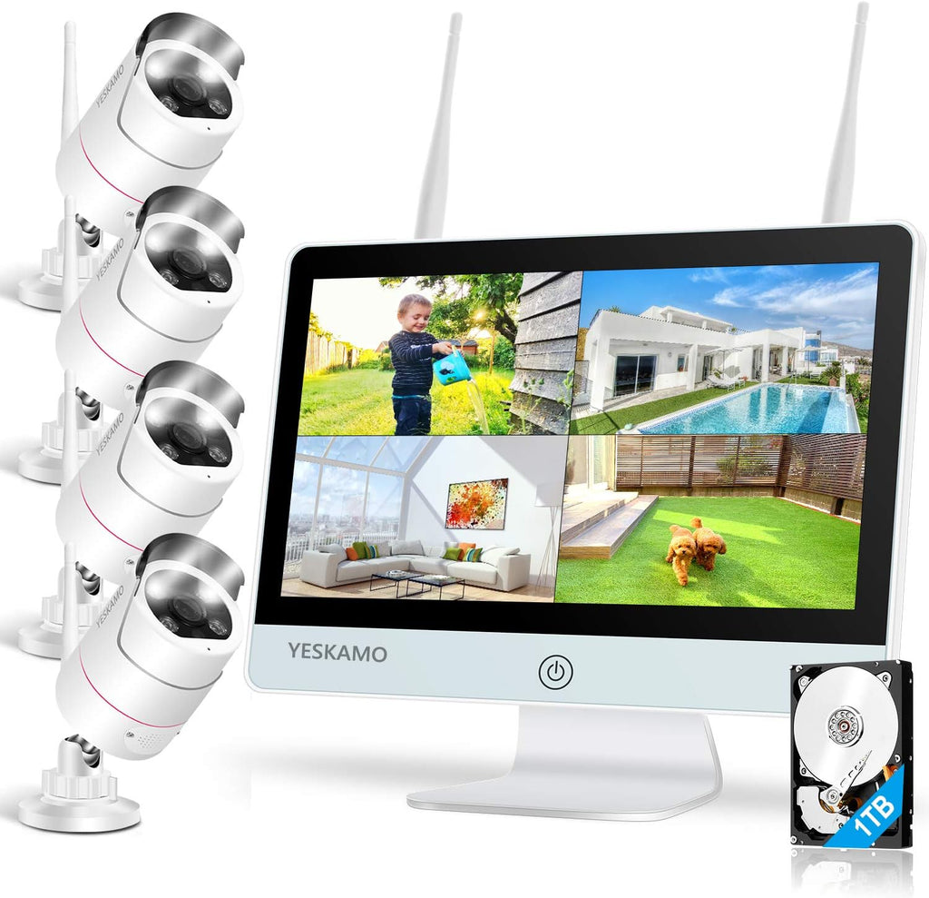 Wireless Security Camera System with 12'' Monitor 2 Way Audio, 3MP WiFi IP Cameras AI Human Detection Siren Alarm, 1080P HD Home Surveillance System with Hard Drive P714
