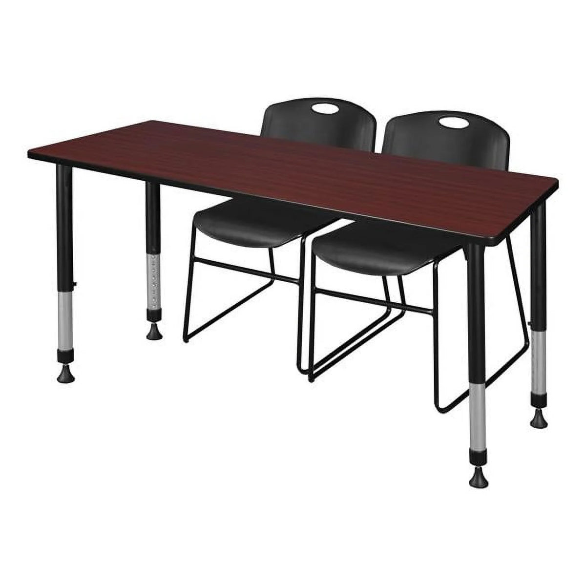 60 x 30 in. Mahogany Height Adjustable Classroom Table & 2 in. Black Stack Chairs A911