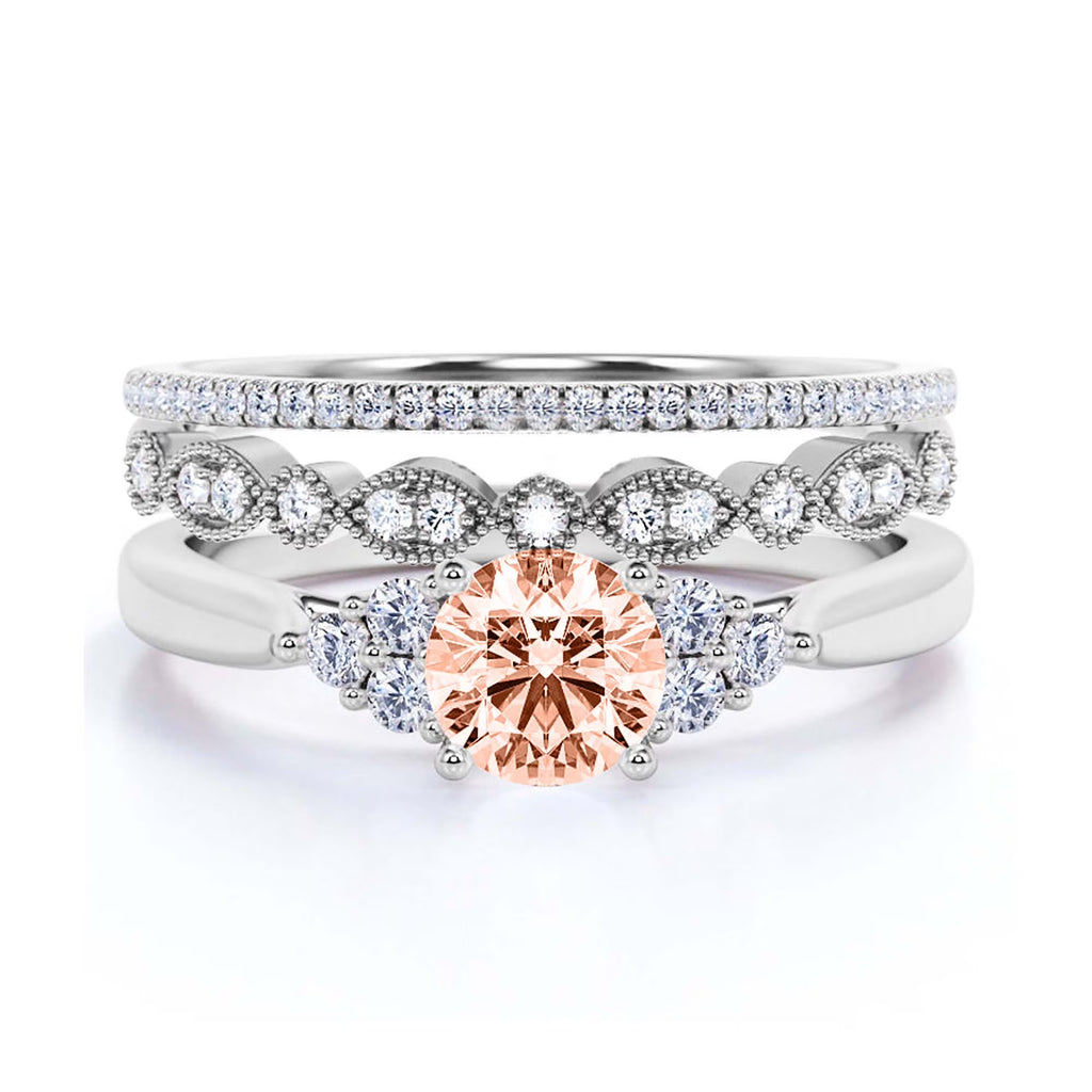 2.25 Carat Round Cut Morganite And Diamond Moissanite Engagement Ring in 10k Solid White Gold J302