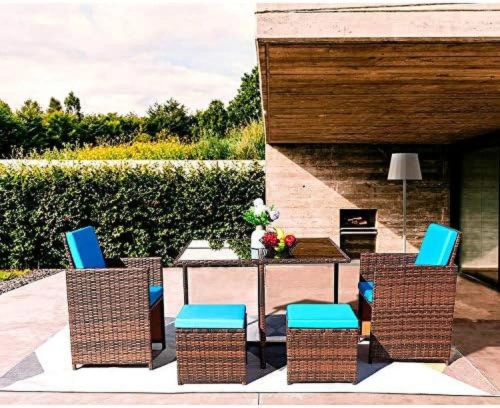 5 Pieces Wicker Rattan Patio Dining Set with Glass Table and Ottomans G6366