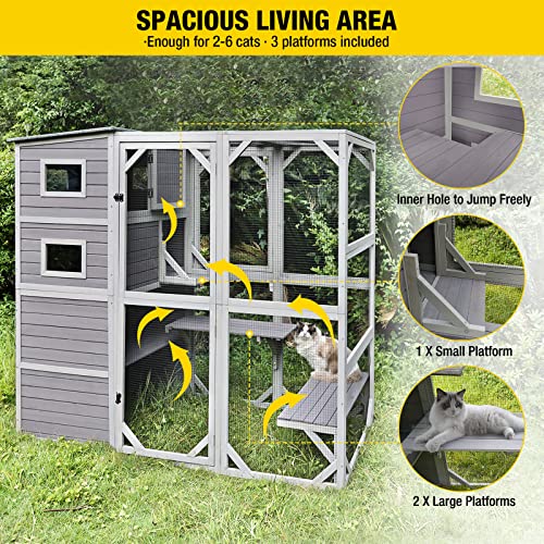Large 4 Tiers Cat Enclosures House with Weatherproof Roof 70" H 77" L R85582