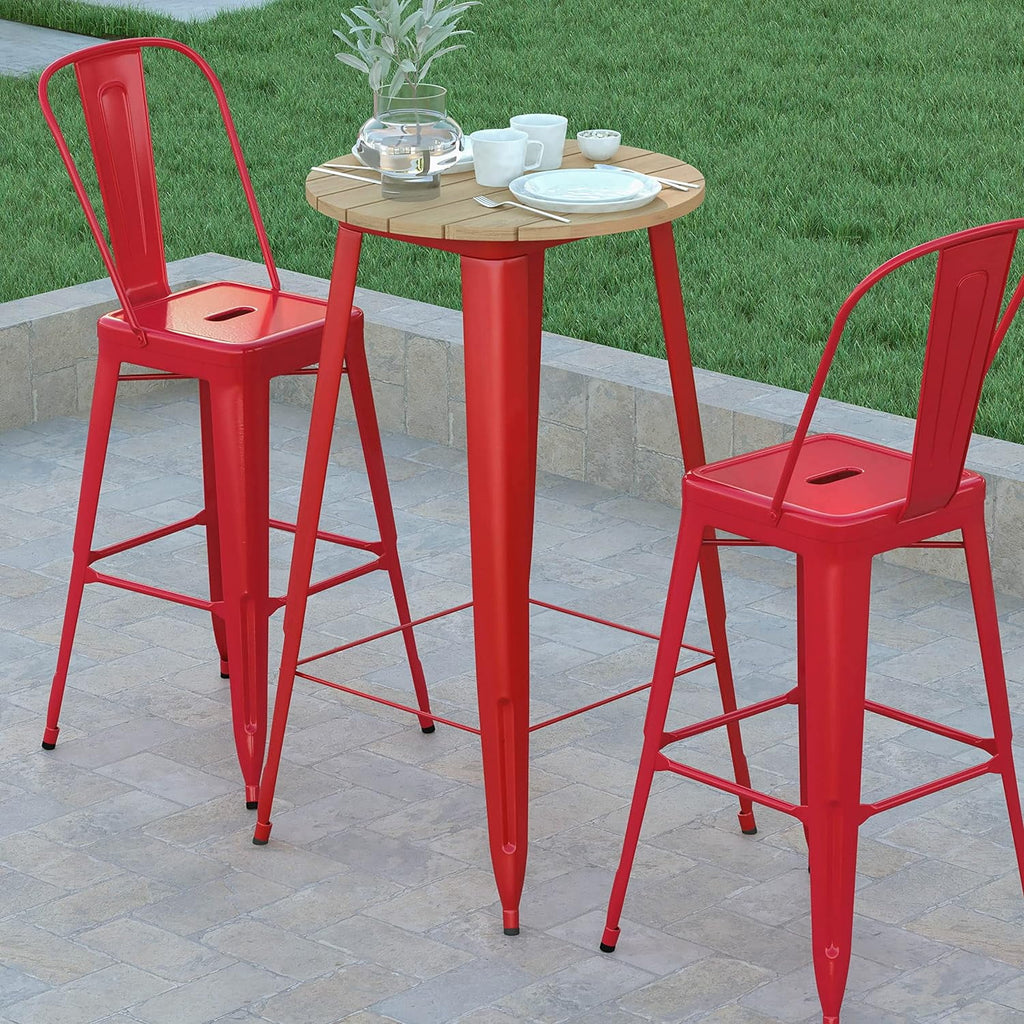 Indoor/Outdoor Bar Top Table Brown Resin Top Red Steel Base O45370
