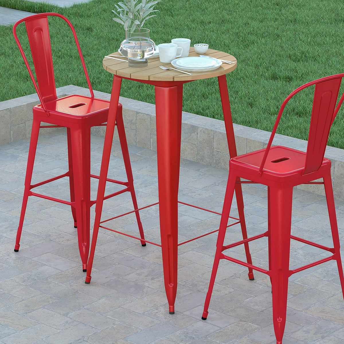 Indoor/Outdoor Bar Top Table Brown Resin Top Red Steel Base O45370