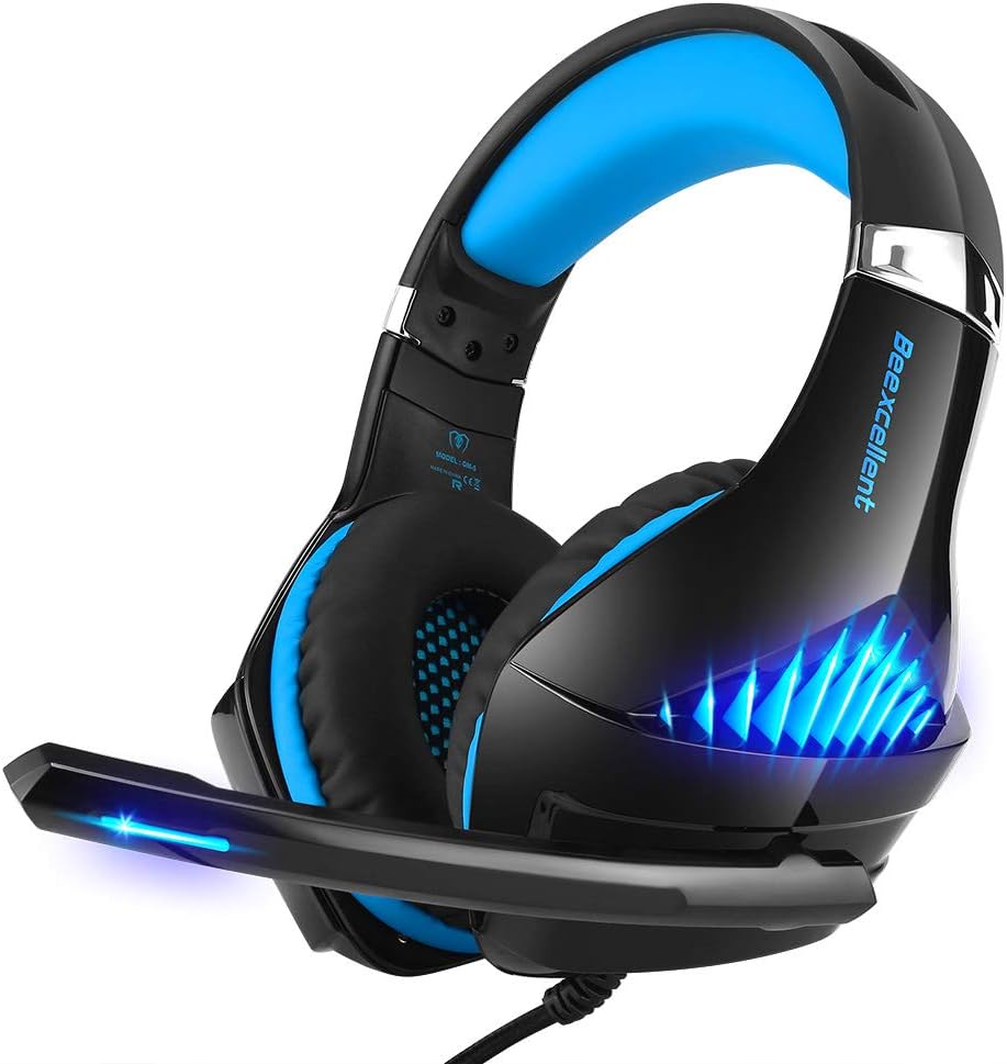 Gaming Headset with Noise Cancelling Mic, LED Light, Memory Earmuffs (Black & Blue) H922613