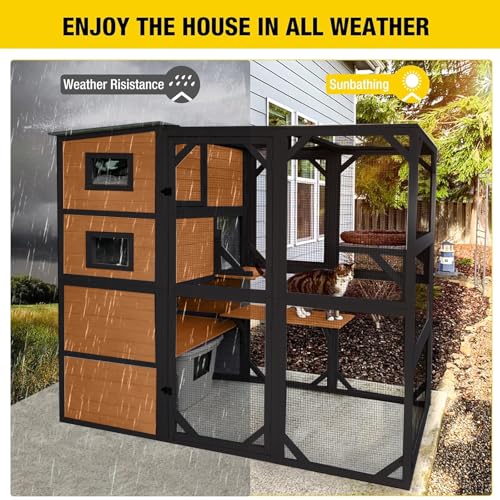 Large 4 Tiers Cat Enclosures House with Weatherproof Roof 70" H 77" L R85582