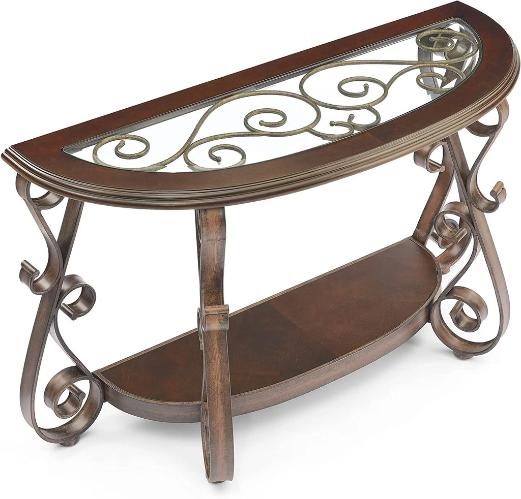 Traditional Half Sofa Table with Beveled Glass Top and Scrollwork Metal Legs C784246