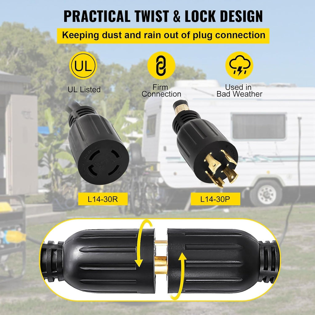 50Ft 30 Amp 4 Wire 10 Gauge 125V 250V Twist Lock Connectors Generator Extension Cord U4945