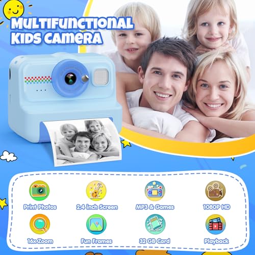1080P HD Kids Instant Print Camera with 3 Rolls Print Paper & 32GB Card (Black) D752