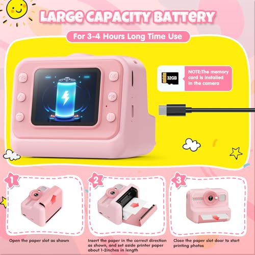 1080P HD Kids Instant Print Camera with 3 Rolls Print Paper & 32GB Card (Black) D752