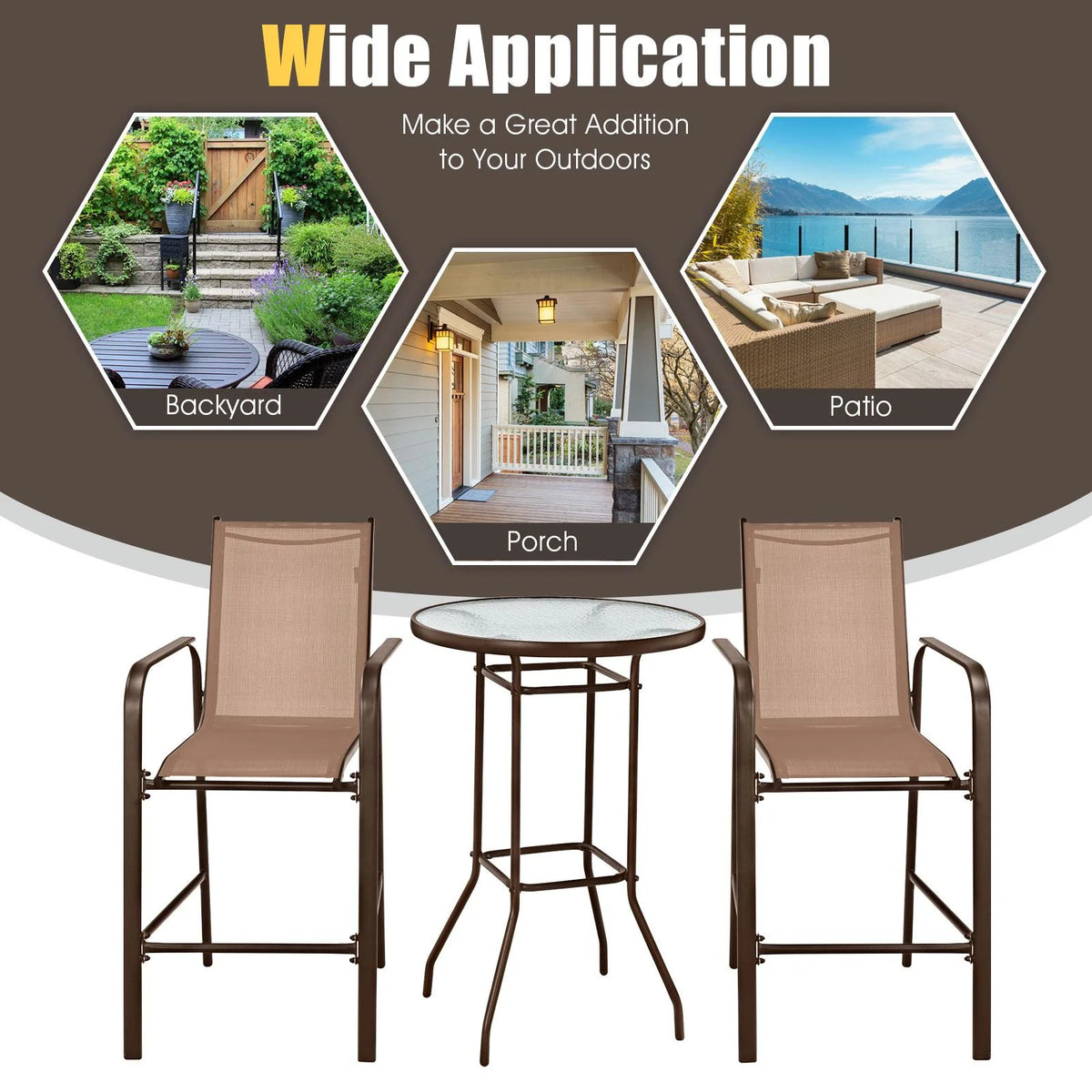 3 Pieces Outdoor Patio Bar Set with 2 Bar Stools and Tempered Glass Bar Table, Black E791