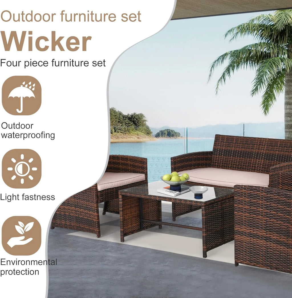 Brown 4 Pieces Wicker Outdoor Patio Furniture Set A1902