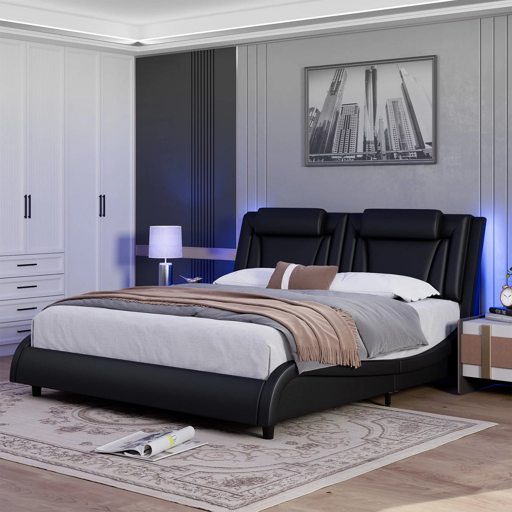 Queen LED PU Leather Upholstered Platform Bed with Adjustable Headboard E789