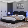Queen LED PU Leather Upholstered Platform Bed with Adjustable Headboard E789