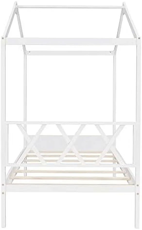 Twin Size Wood House Bed with Desk and Roof A50896