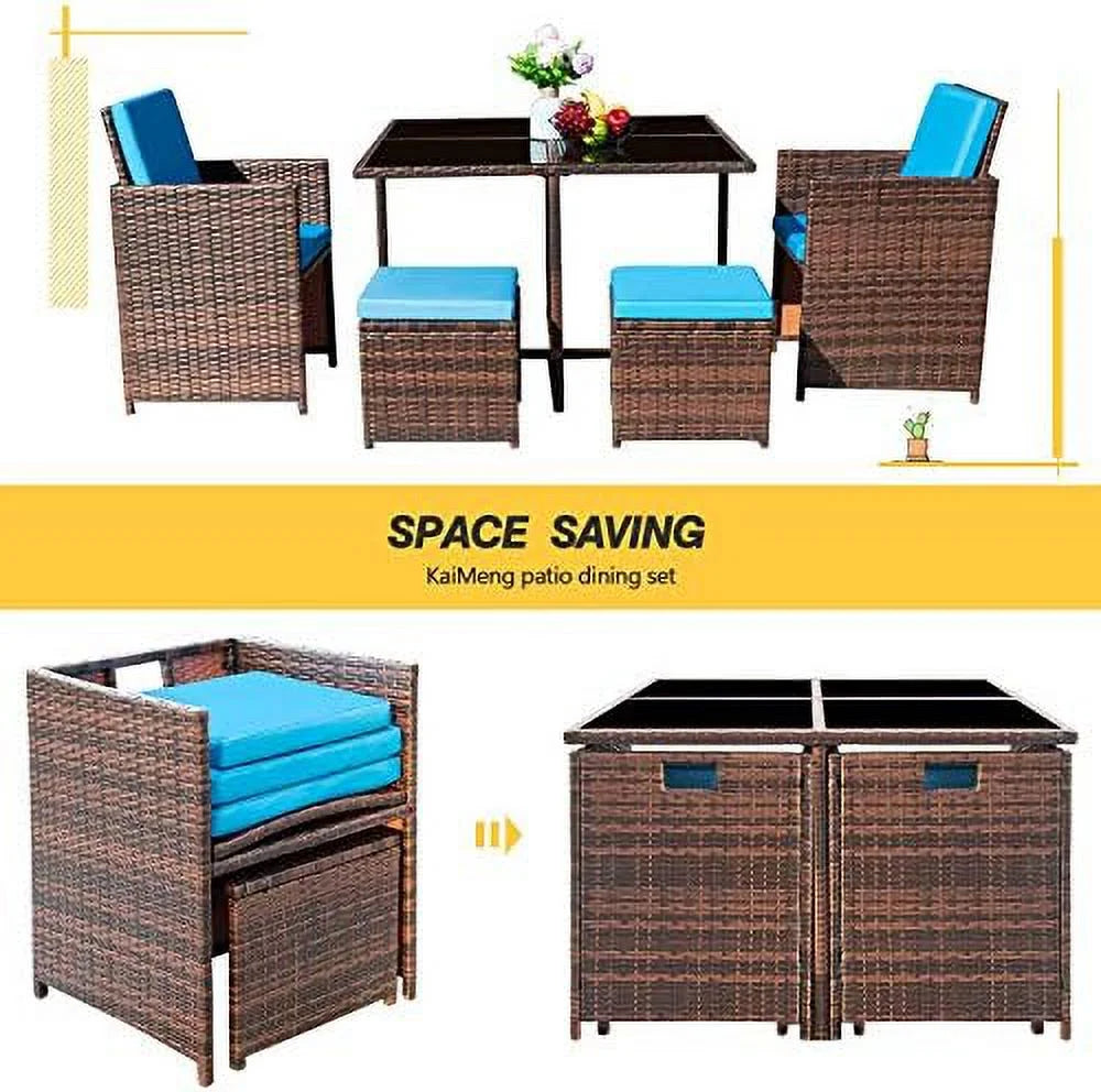 5 Pieces Wicker Rattan Patio Dining Set with Glass Table and Ottomans G6366