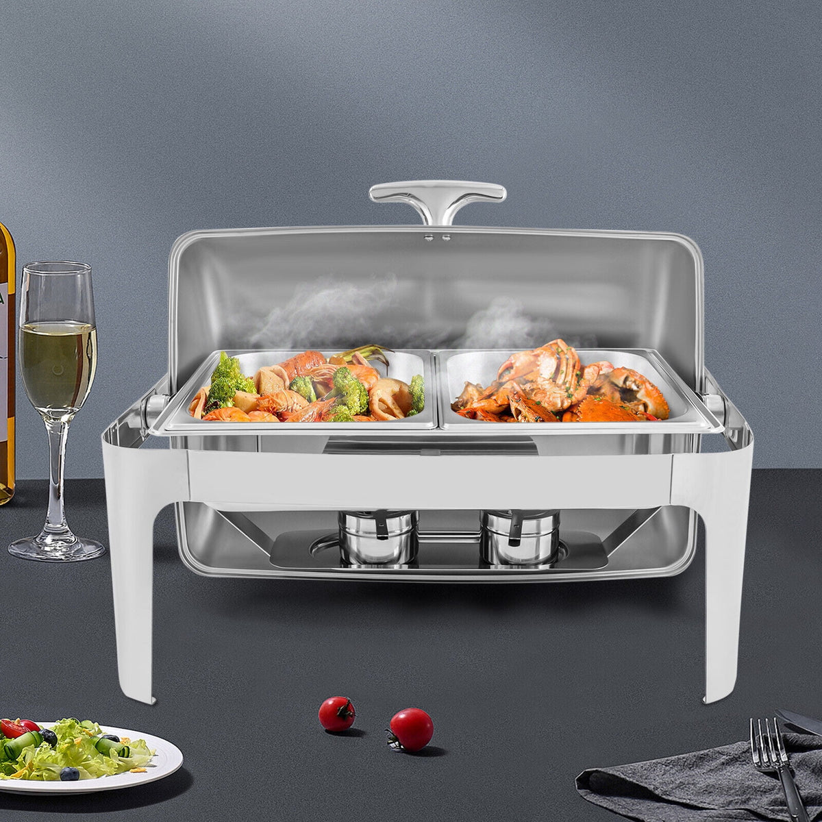 Silver Stainless Steel Chafer Buffet Chafing Dish Set Roll Top Food Warmer E783