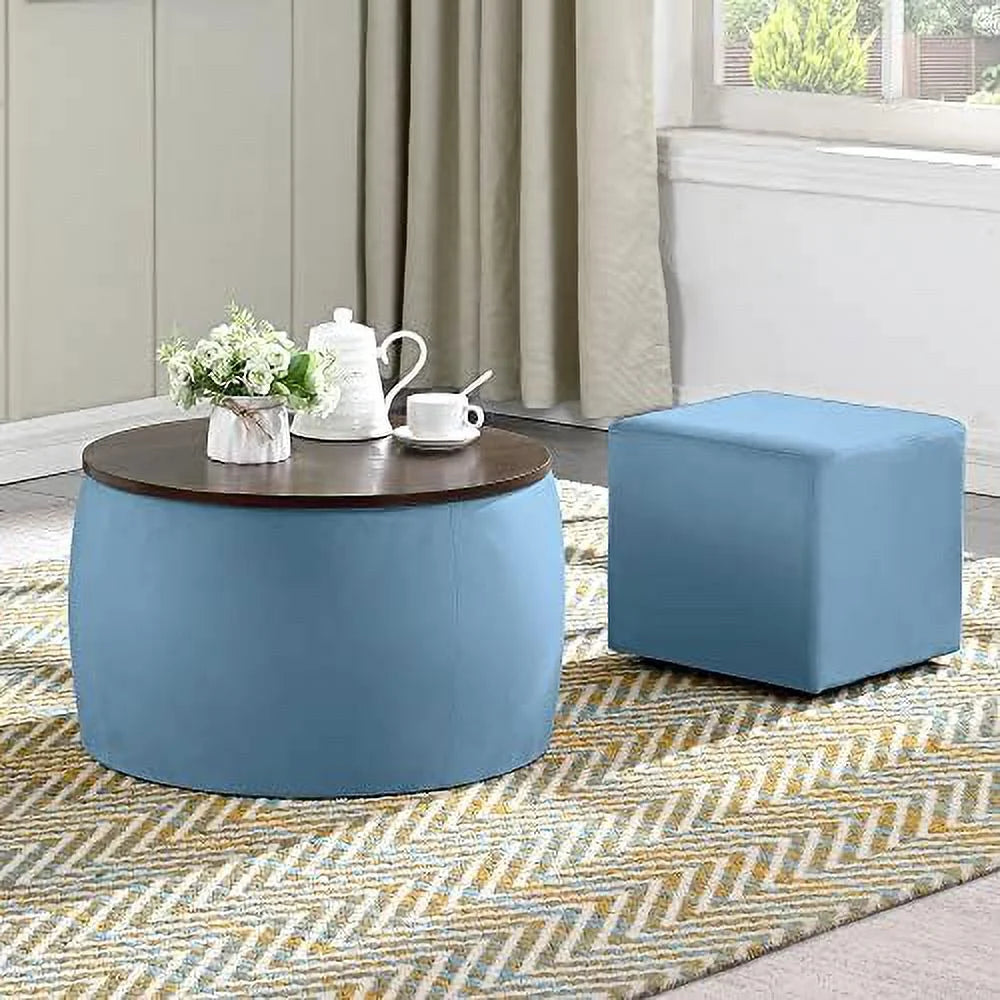 Round Ottoman Set 2 in 1 Coffee Table with Wood Cover and Square Ottoman B482728