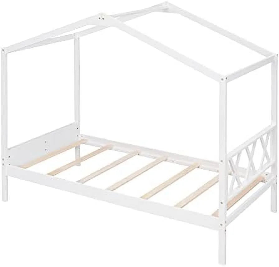 Twin Size Wood House Bed with Desk and Roof A50896