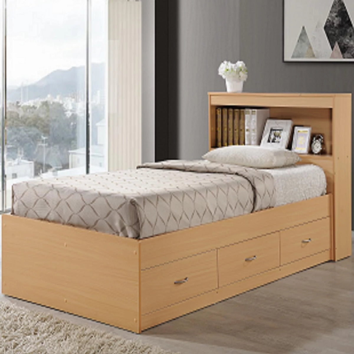 Twin Size Captain Bed with 3 Drawers and Headboard in Black Wood W4487
