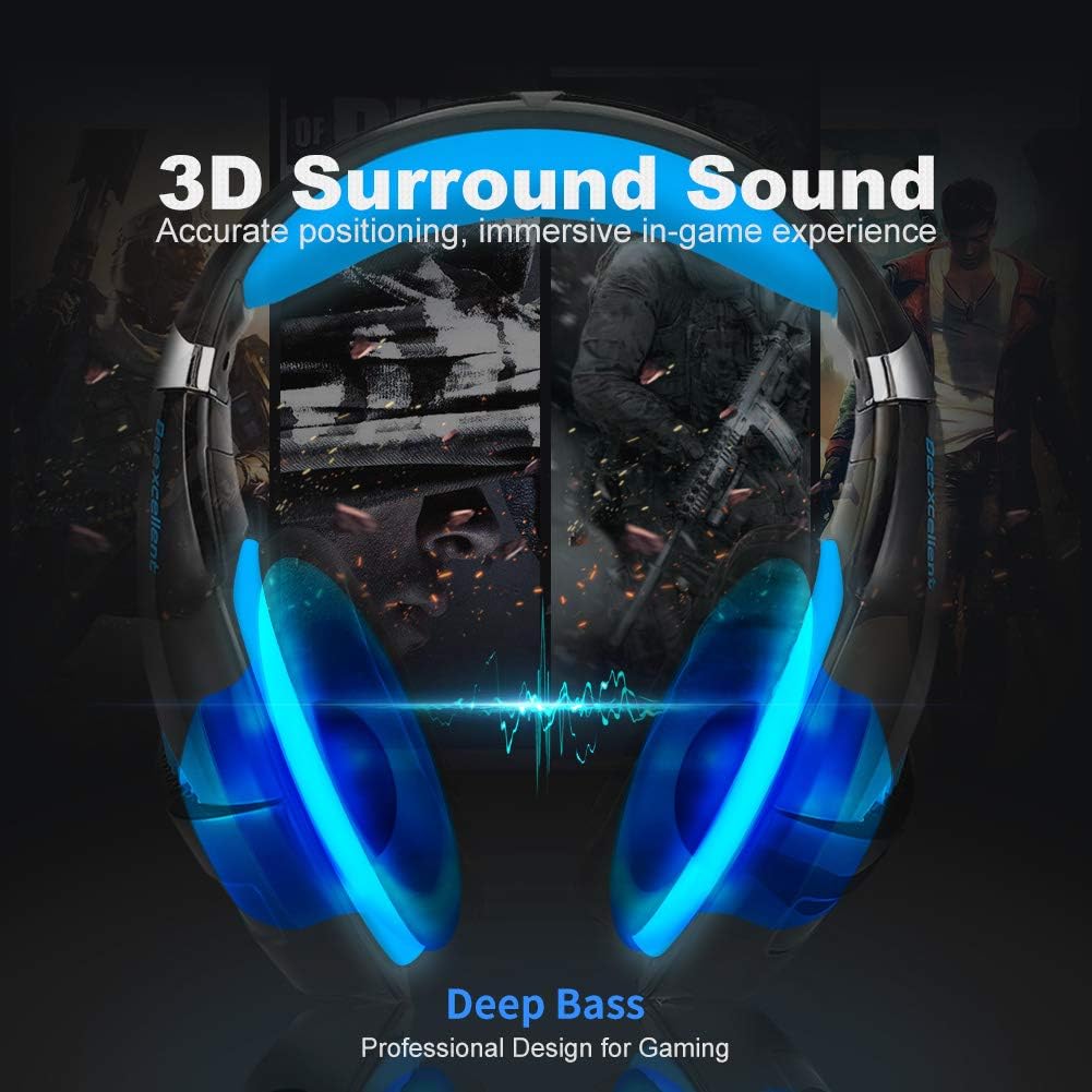 Gaming Headset with Noise Cancelling Mic, LED Light, Memory Earmuffs (Black & Blue) H922613