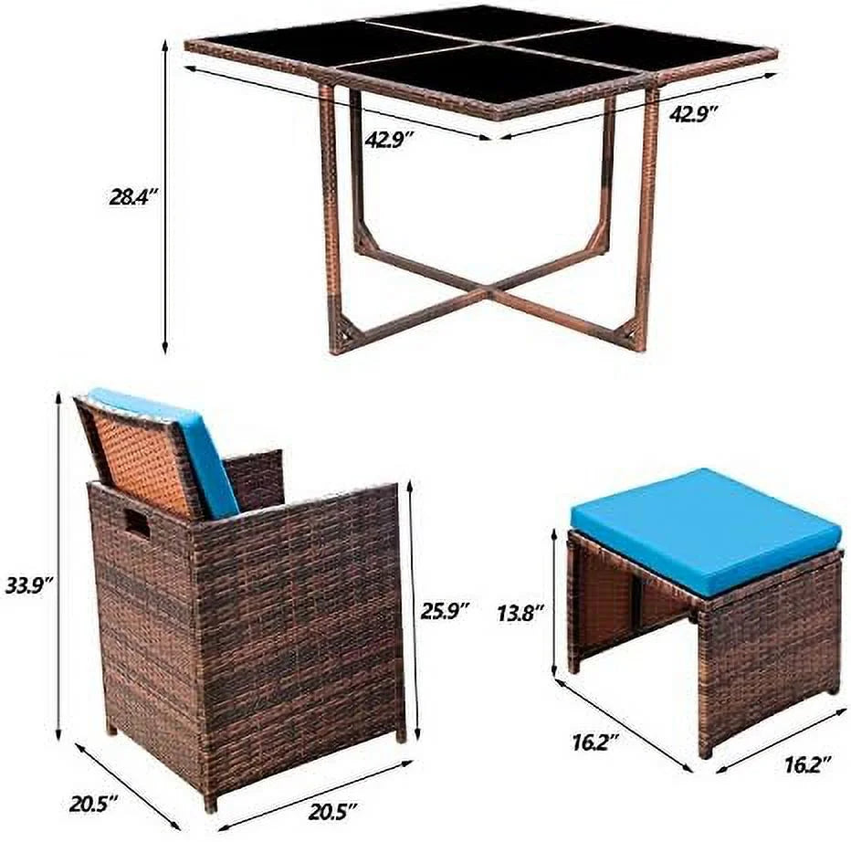 5 Pieces Wicker Rattan Patio Dining Set with Glass Table and Ottomans G6366