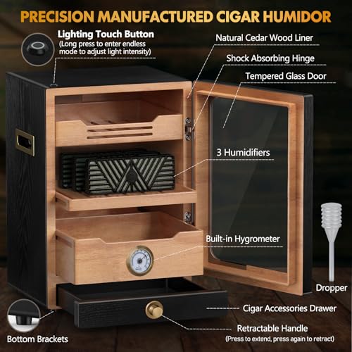 Black Cigar Humidor with Spanish Cedar Wood Shelves, Hygrometer and 3 Humidifiers L782736