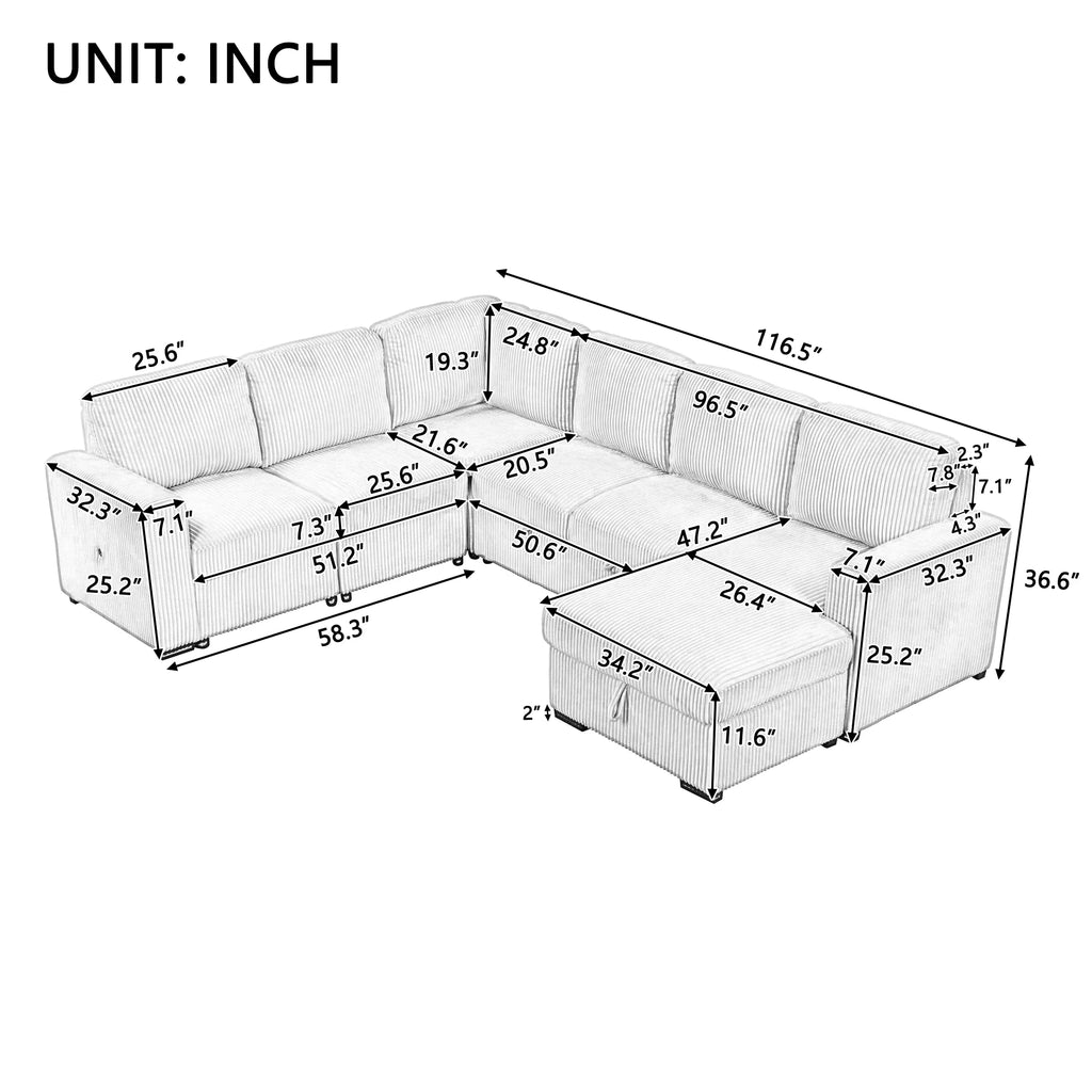 Beige 7-Seater Corduroy Sectional Sofa with Storage Chaise N92308