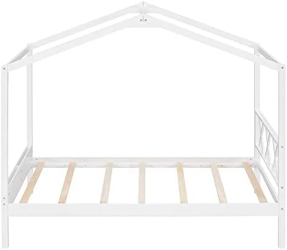 Twin Size Wood House Bed with Desk and Roof A50896