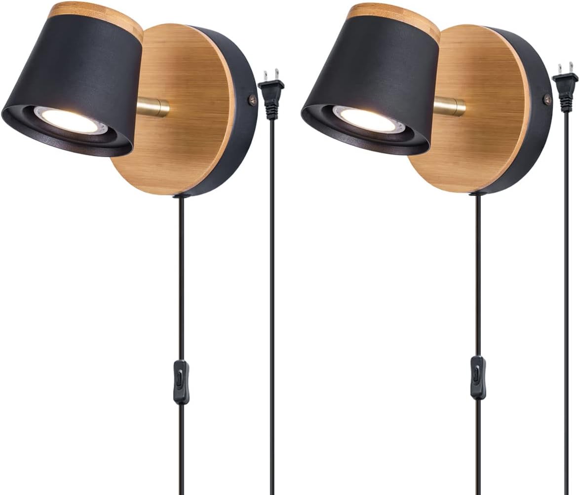 Plug in Wall Lamp Set of 2 Adjustable Black Lampshade S32125