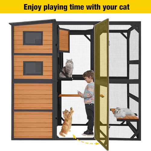 Large 4 Tiers Cat Enclosures House with Weatherproof Roof 70" H 77" L R85582