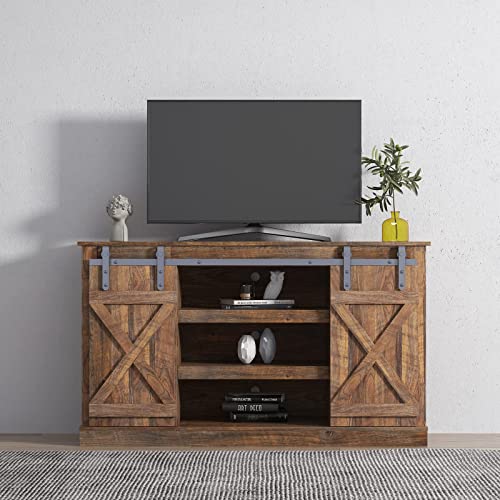 Rustic Natural Wooden TV Stand with Sliding Barn Doors T283083