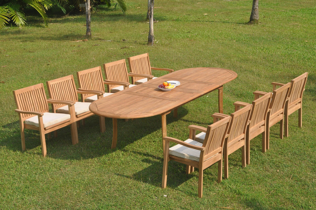 11 Pc Teak Dining Set with 118" Oval Table and 10 Stacking Arm Chairs R8885