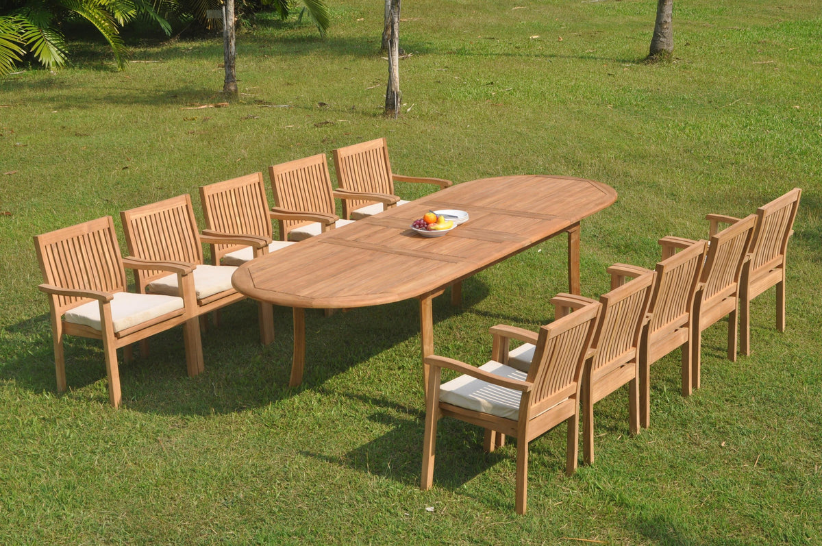 11 Pc Teak Dining Set with 118" Oval Table and 10 Stacking Arm Chairs R8885