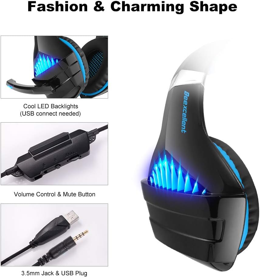 Gaming Headset with Noise Cancelling Mic, LED Light, Memory Earmuffs (Black & Blue) H922613