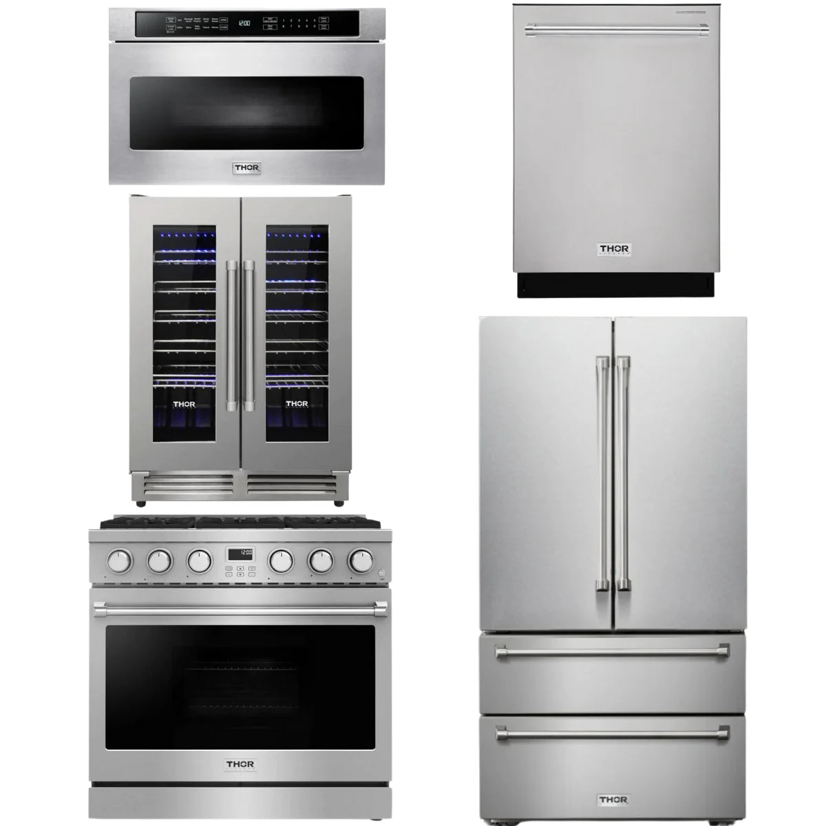 36 Gas Range, Refrigerator, Dishwasher, Microwave and Wine Cooler F3661