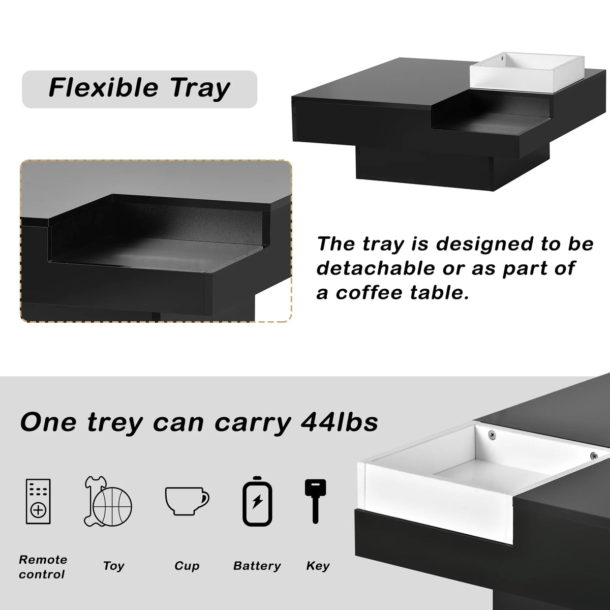 Square Coffee Table with Detachable Tray and LED Strip Lights A3910